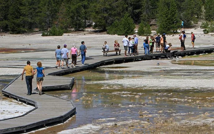 Visitors walk on a boardwalk that goes through a hydrothermal area